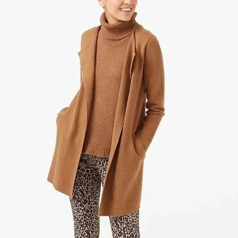 J. Crew Vanessa Cardigan Sweater Jacket Open Front Longline S Cotton Camel Tan